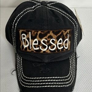 Black Leopard Print Distressed Style Blessed Baseball Hat Adjustable Back Cap